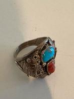 Vintage NAVAJO ring met turquoise en bloedkoraal, Ophalen of Verzenden