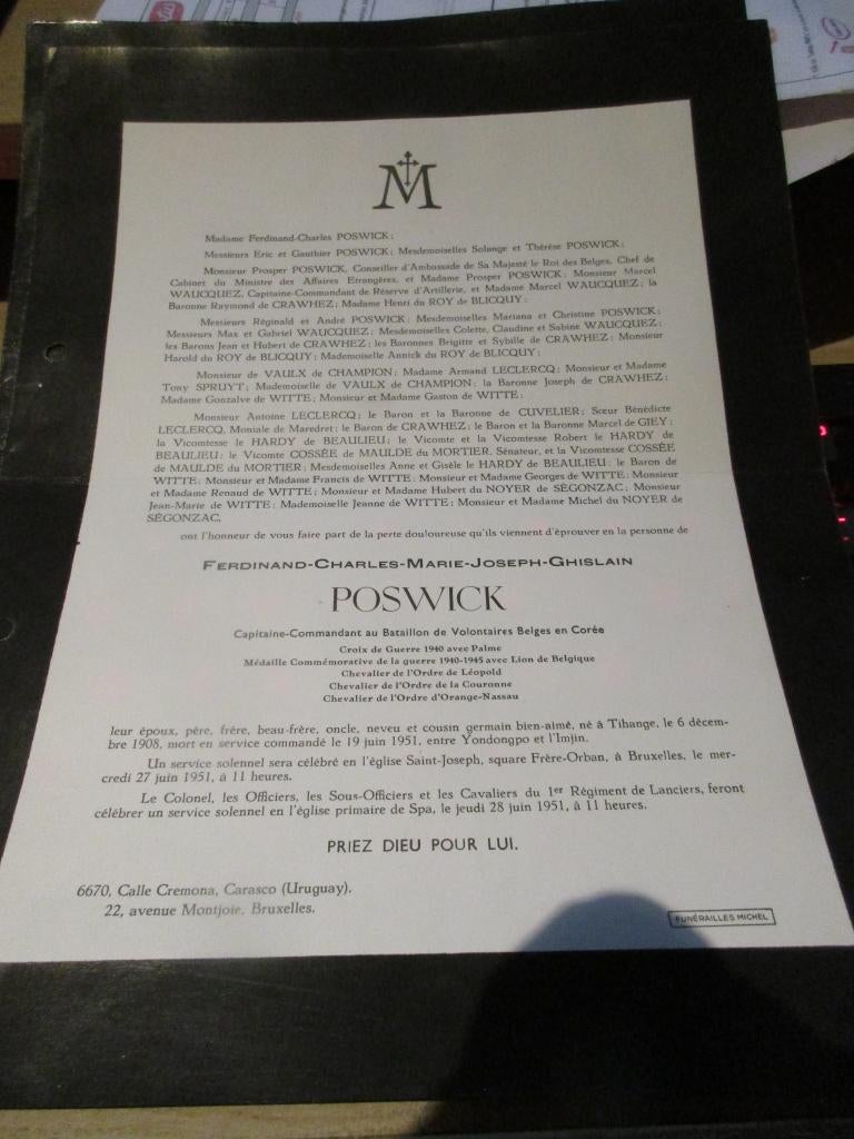 doodsbrief Baron ferdinand charles poswick gesneuvelde Korea, Verzamelen, Ophalen of Verzenden