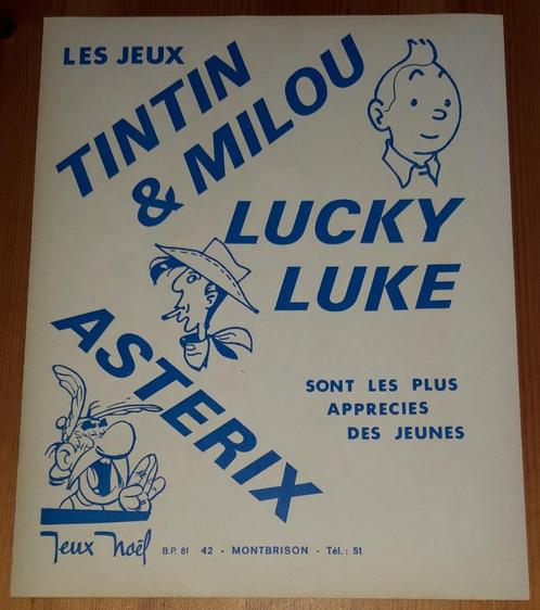 Asterix Lucky Luke Tintin affichette pub Jeux Noël 1970, Collections, Personnages de BD, Comme neuf, Image, Affiche ou Autocollant