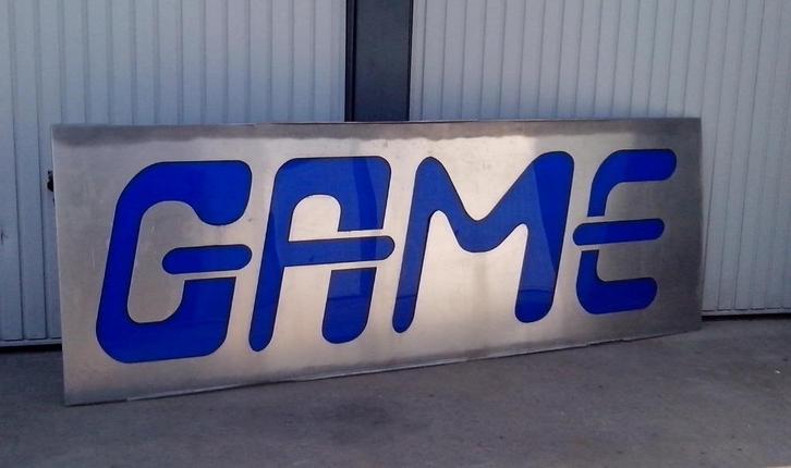 Groote Aluminium Reclamebord ''GAME'', Verzamelen, Merken en Reclamevoorwerpen, Reclamebord, Ophalen of Verzenden