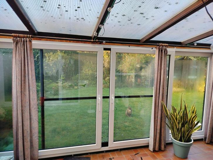 PVC schuifraam wit-donkerbruin 5,4m lang 4 delen, Tuin en Terras, Overkappingen, Zo goed als nieuw, Veranda, Ophalen