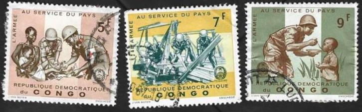 3 Postzegels Congo-Kinshasa 1965 Leger in dienst v/h land], Postzegels en Munten, Postzegels | Afrika, Gestempeld, Overige landen