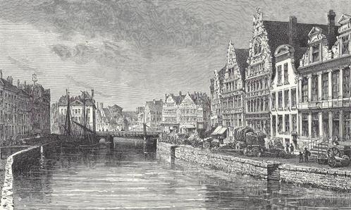 1879 - Gent - de Graankade, Antiek en Kunst, Kunst | Etsen en Gravures, Verzenden