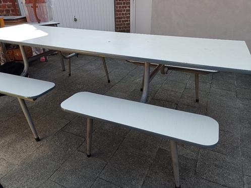 Grande table de réfectoire/école avec 4 bancs, Jardin & Terrasse, Tables de pique-nique, Utilisé, Rectangulaire, Acier, Enlèvement