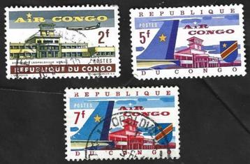 3 Postzegels Air Congo 1963 Luchthavens, Vliegtuigen beschikbaar voor biedingen