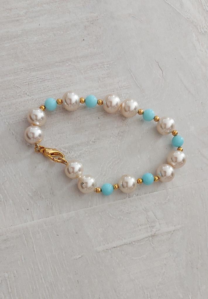 Parel-turkoois-gouden armband, Handtassen en Accessoires, Armbanden, Nieuw, Overige materialen, Ophalen