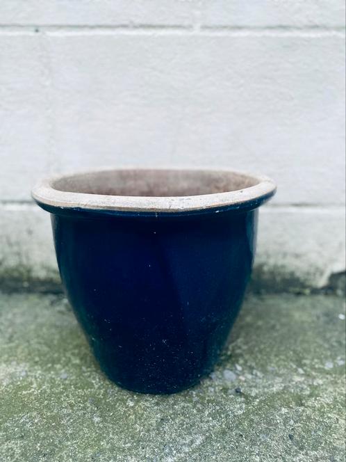 Vintage aardewerk cache pot blauw, Jardin & Terrasse, Pots de fleurs, Poterie, Enlèvement ou Envoi