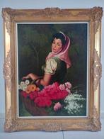 Portret vrouw met bloemenmand, Antiek en Kunst, Ophalen