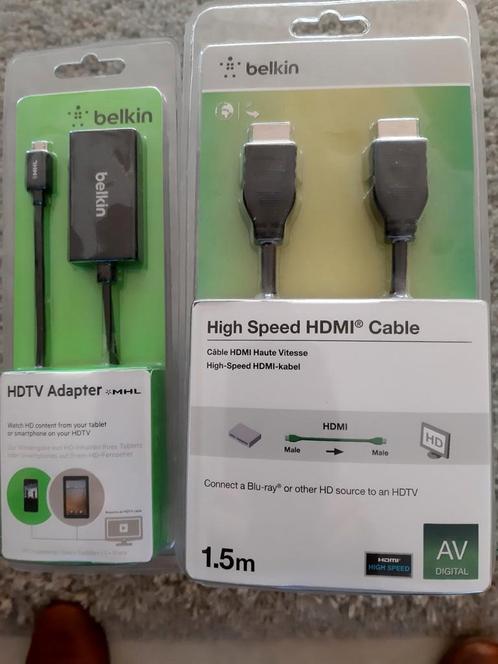 Nieuwe HDMI kabel 1.5m en HDTV adapter  merk Belkin verpakt, Computers en Software, Pc- en Netwerkkabels, Zo goed als nieuw, Ophalen of Verzenden