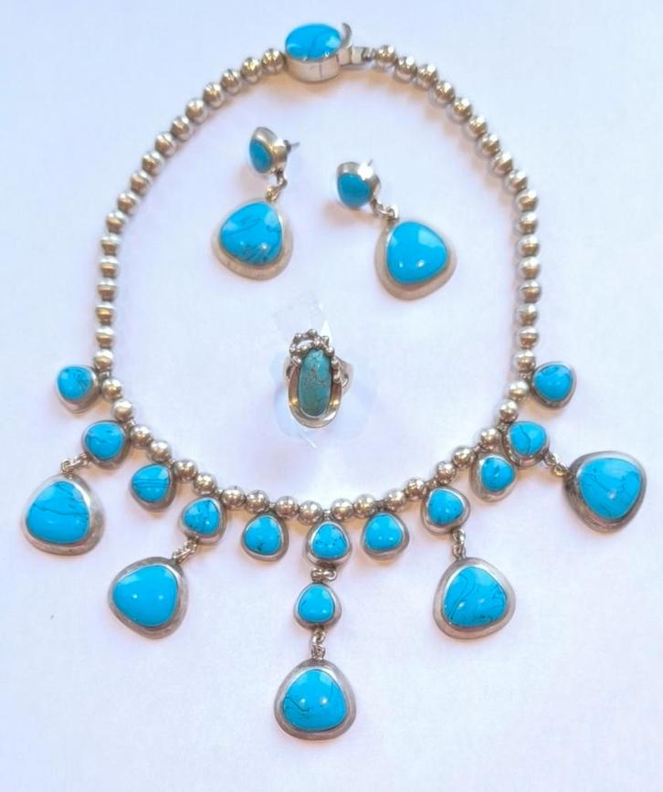 Parure argent + turquoise — Artisanat Taxco (Mexique), Handtassen en Accessoires, Antieke sieraden, Overige typen, Zilver, Ophalen