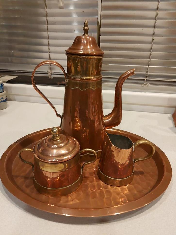 Koperen thee of koffie set met melk suikerpot en plateau, Huis en Inrichting, Woonaccessoires | Etagères, Zo goed als nieuw, Ophalen of Verzenden