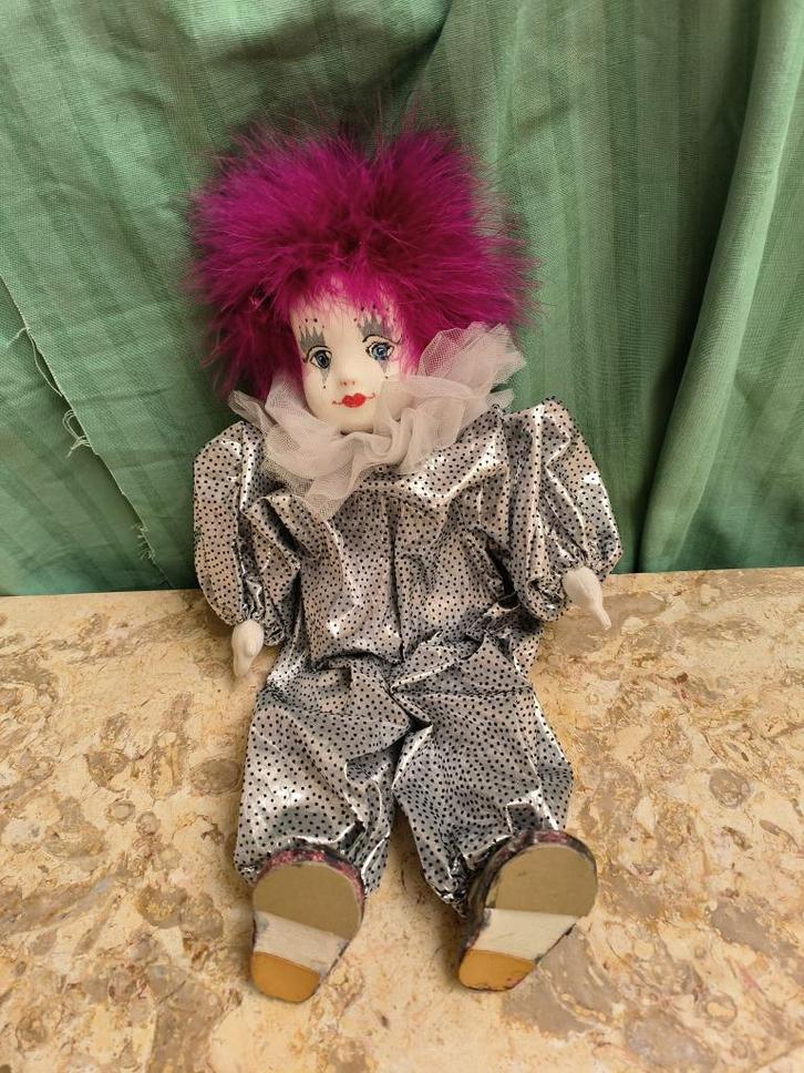 Vintage clown met paars haar, Verzamelen, Poppen, Gebruikt, Pop, Ophalen