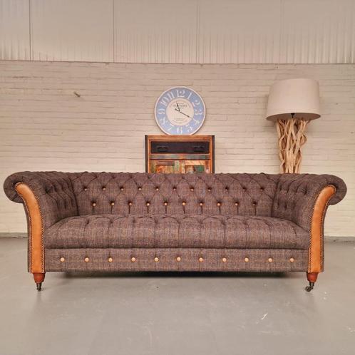 Candytuft 3-Zits Harris Tweed Bank – Grijs Wol & Cerato Leer, Antiek en Kunst, Antiek | Meubels | Stoelen en Sofa's, Ophalen of Verzenden