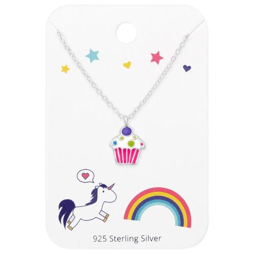 Zilveren meisjes ketting met schattige cupcake hanger, Handtassen en Accessoires, Kindersieraden, Nieuw, Ketting, Ophalen of Verzenden