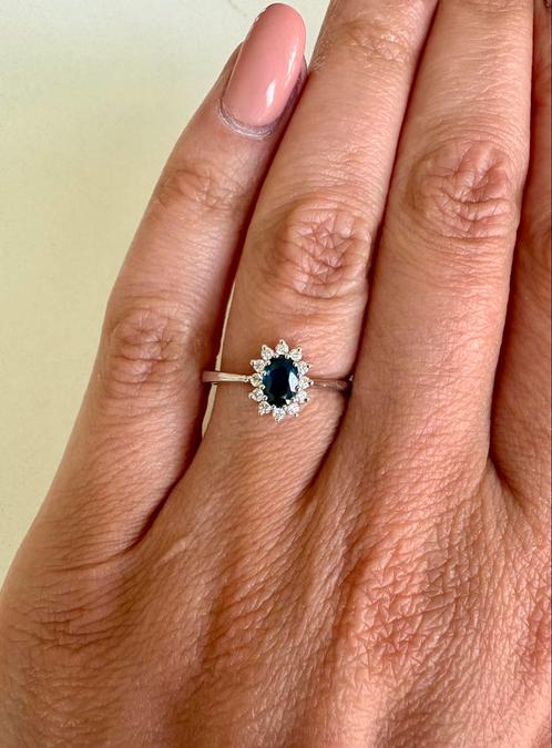 Zilveren Ring met saffier met diamanten, Handtassen en Accessoires, Ringen, Zilver, Ophalen