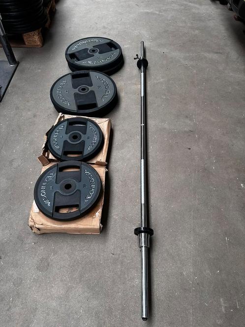 Nieuwe 120kg Technogym Rubberen Pu Gewichten + Barbell 200cm, Sport en Fitness, Fitnessmaterialen, Nieuw, Halterschijven, Ophalen
