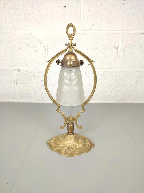 Antieke tafellamp met art deco persglas, Antiek en Kunst, Antiek | Verlichting, Ophalen of Verzenden