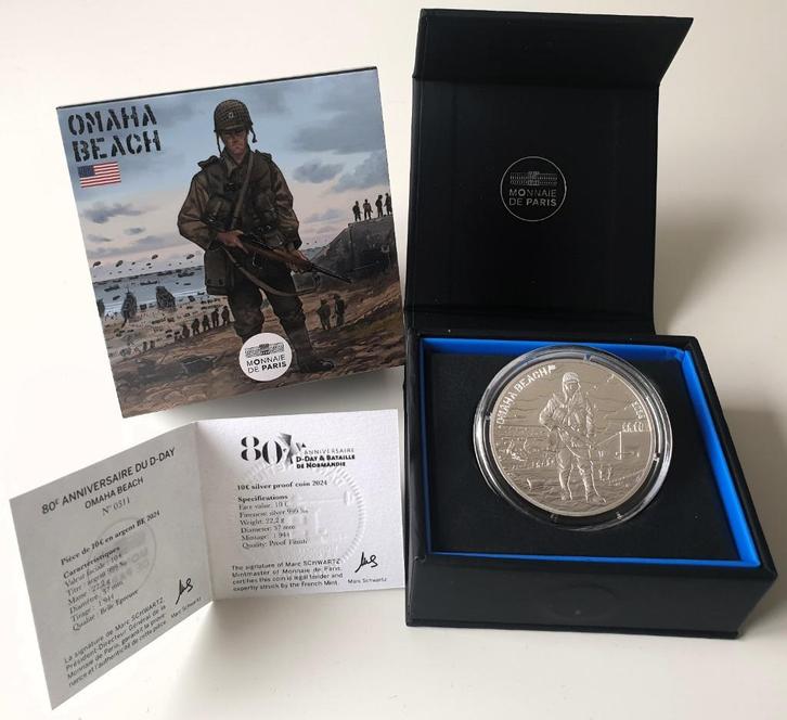 Frankrijk zilveren 10 euro 2024 80 jaar D-Day Omaha Beach, Postzegels en Munten, Munten | Europa | Euromunten, Losse munt, 10 euro