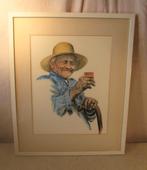 Mooi Geschilderd Aquarel - Oude Man met hoed - 52x42, Antiek en Kunst, Ophalen of Verzenden
