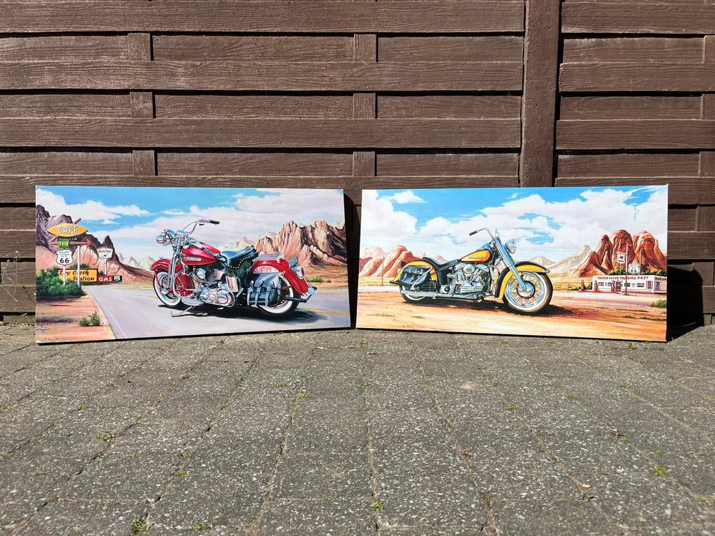 2 decoratieve schilderijen met motoren (Route 66 stijl), Antiek en Kunst, Kunst | Schilderijen | Modern, Ophalen of Verzenden