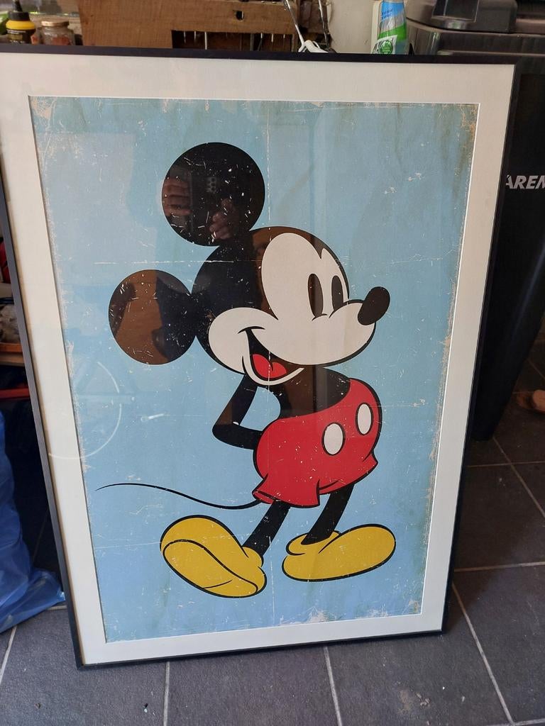 Zeer oude Mickey Mouse poster. Kader 100 op 70, Ophalen of Verzenden