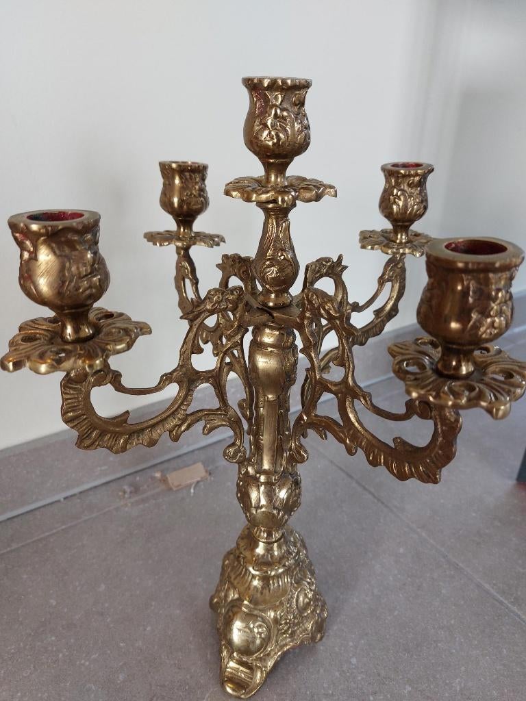 Oude massief koperen kandelaar met 5 armen, Antiek en Kunst, Ophalen, Koper of Brons