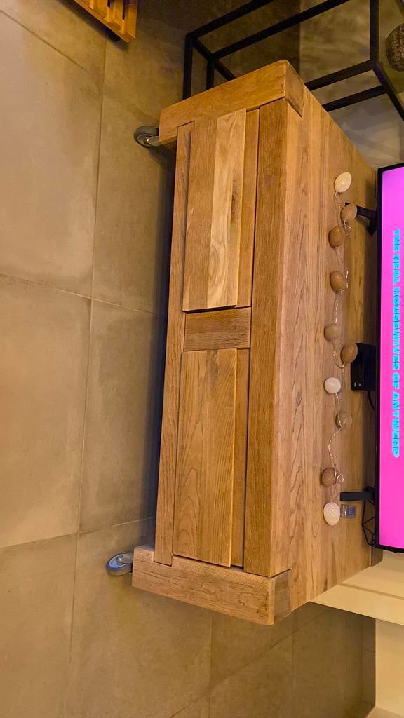 Massief eiken Salontafel of televisiemeubel met 2 schuiven, Ophalen
