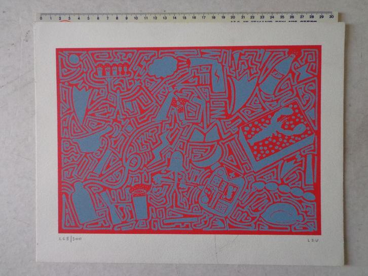 Zeefdruk naar Keith Haring Compositie in rood en blauw, Antiek en Kunst, Kunst | Litho's en Zeefdrukken, Ophalen of Verzenden