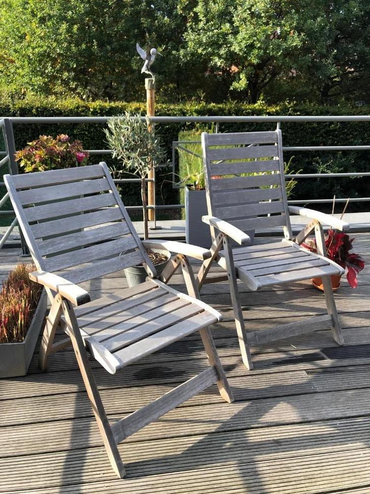 2 Mooie Verstelbare Tuinstoelen Teak, Tuin en Terras, Tuinstoelen, Zo goed als nieuw, Teakhout, Inklapbaar, Verstelbaar, Ophalen