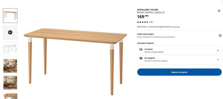 Bureau, bambou, 140x65 cm, Huis en Inrichting, Tafelonderdelen, Zo goed als nieuw, Tafelblad, 100 tot 150 cm, 50 tot 100 cm, Rechthoekig