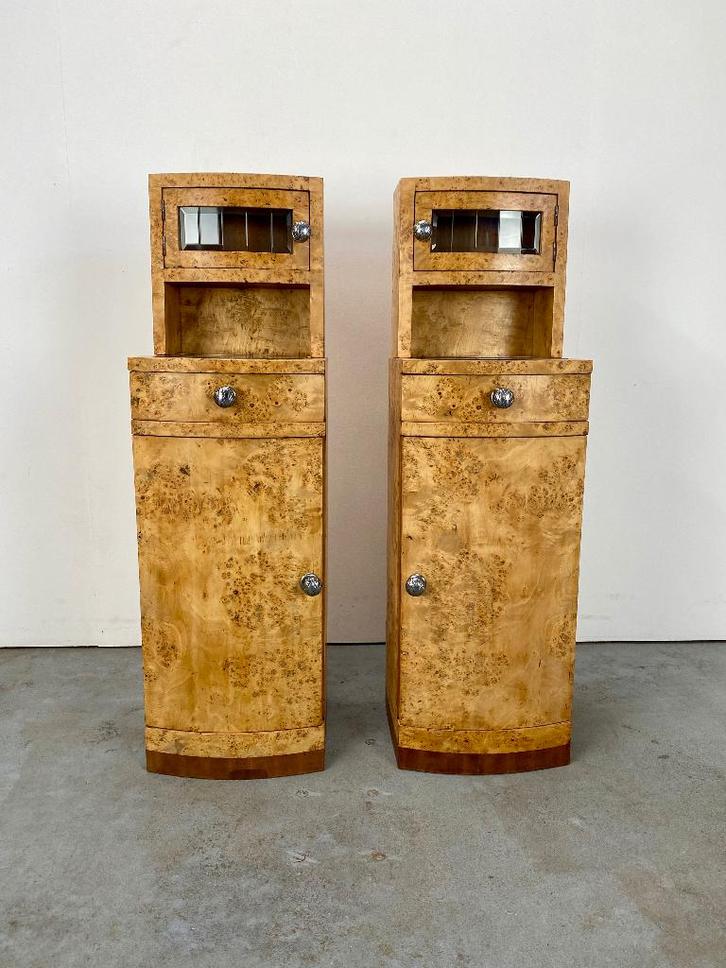Art deco nachtkastjes in populier wortelhout, Antiek en Kunst, Antiek | Meubels | Kasten, Ophalen