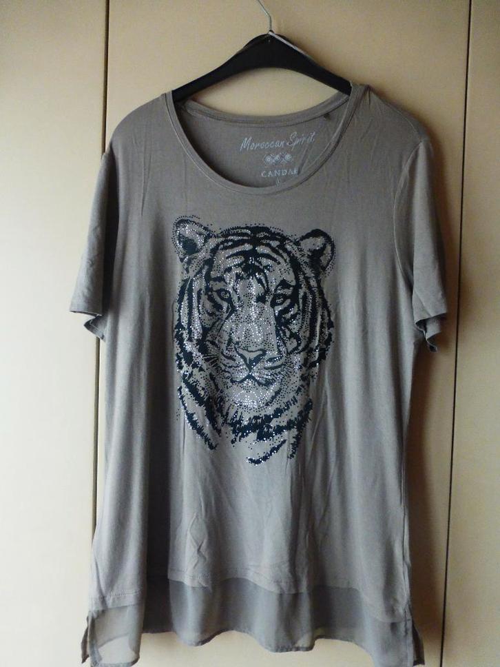 Beige T-shirts met tijgerafbeeldingen T: L €10,00, Kleding | Dames, T-shirts, Zo goed als nieuw, Maat 42/44 (L), Overige kleuren