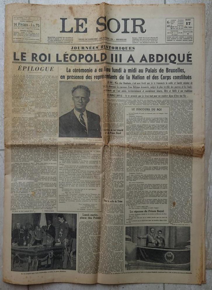 5 kranten 1945-1951 (einde Leopold III, aantrede Boudewijn), Verzamelen, Tijdschriften, Kranten en Knipsels, Krant, 1940 tot 1960