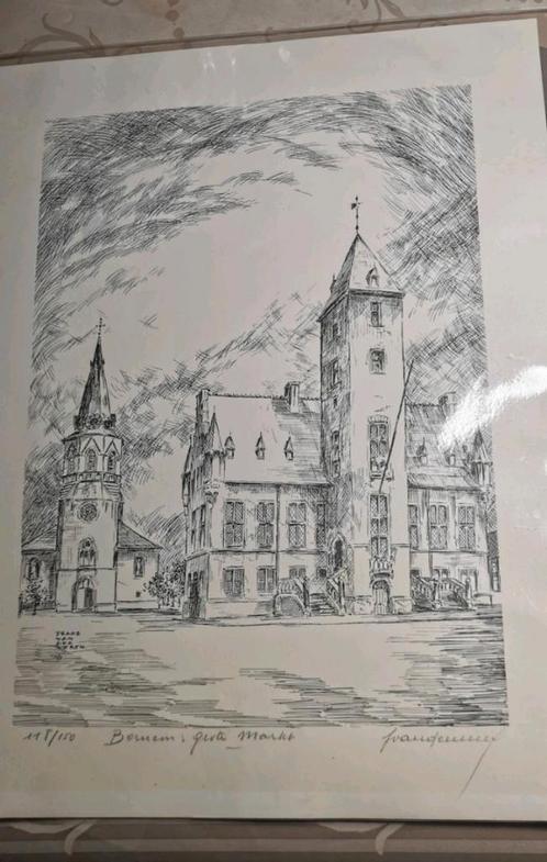 Ets 'Bornem Grote Markt'- Frans Vanderveken incl certificaat, Antiek en Kunst, Kunst | Tekeningen en Fotografie, Ophalen of Verzenden