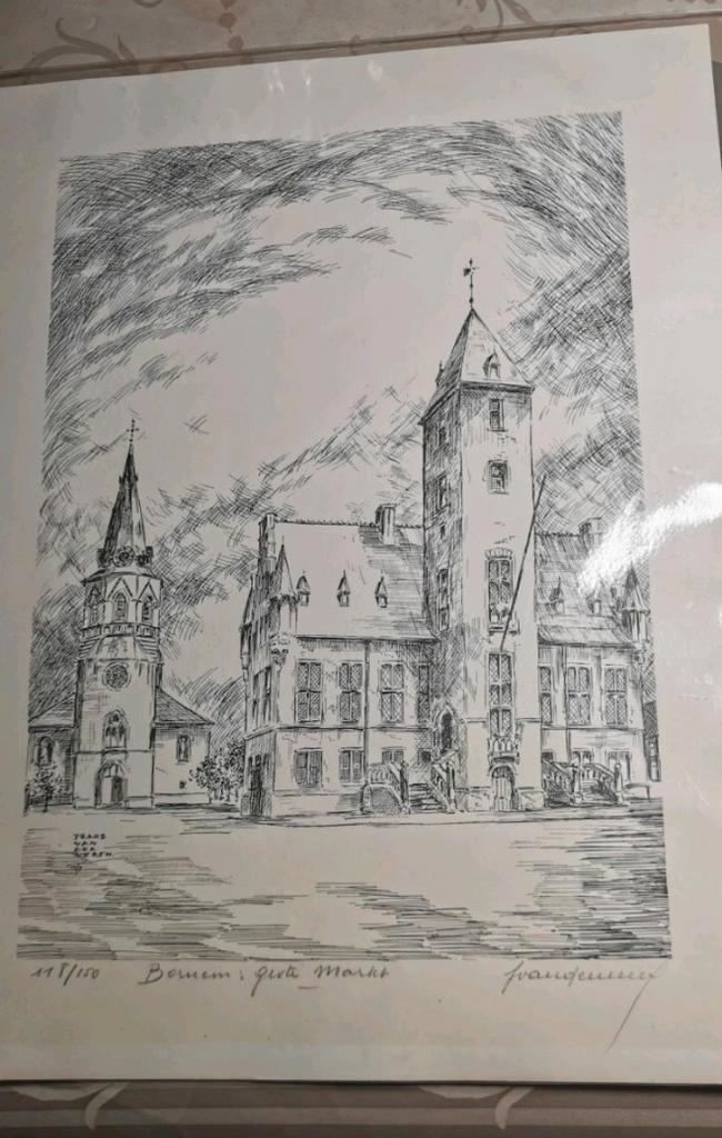 Ets 'Bornem Grote Markt'- Frans Vanderveken incl certificaat, Antiek en Kunst, Kunst | Tekeningen en Fotografie, Ophalen of Verzenden