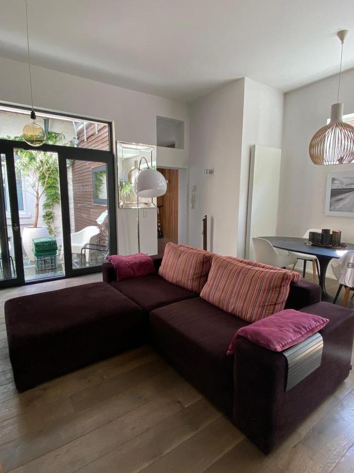 Driezitsbank + voetenbank, Huis en Inrichting, Zetels | Zetels, Gebruikt, Hoekbank, Driepersoons, Stof, Ophalen