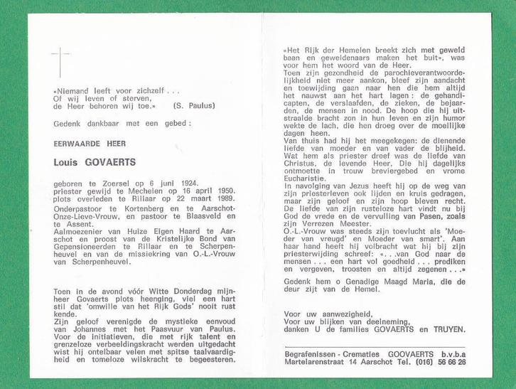 DP Priester Louis Govaerts, Verzamelen, Bidprentjes en Rouwkaarten, Bidprentje, Verzenden