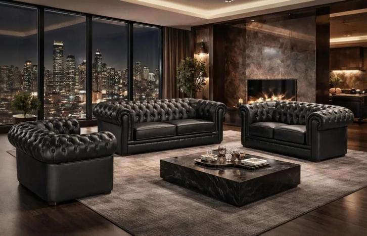 Ensemble x 3 canapés Chesterfield noir Neufs, sous emballage, Maison & Meubles, Canapés | Salons, Neuf, Banc droit, Quatre personnes ou plus