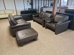 BRUINE BUFFELLEDEREN SALON MET POEF 3 EN 2 ZIT, Huis en Inrichting, Ophalen, Gebruikt, Vierpersoons of meer, Leer