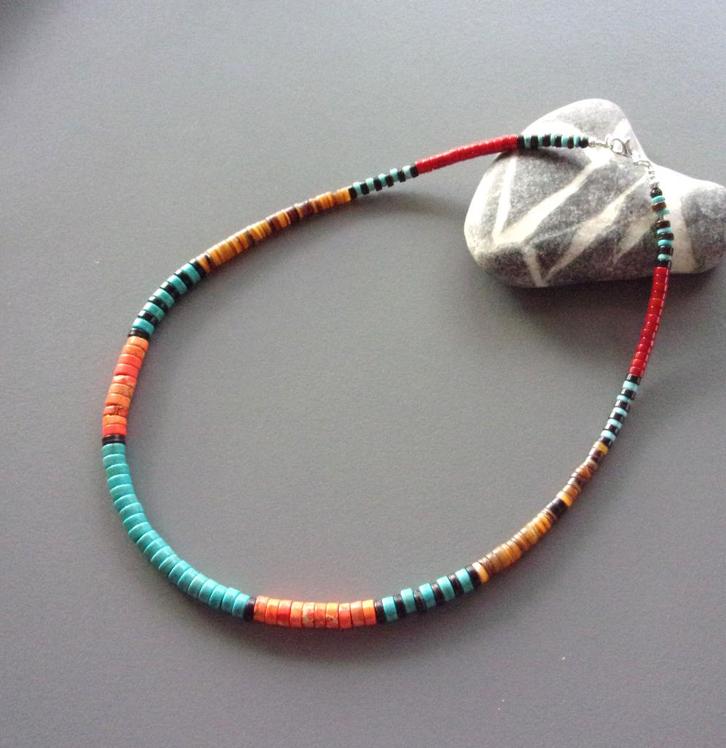 Indiaanse ketting voor dames of heren in koraal en turkoois, Handtassen en Accessoires, Kettingen, Nieuw, Zilver, Oranje, Met edelsteen