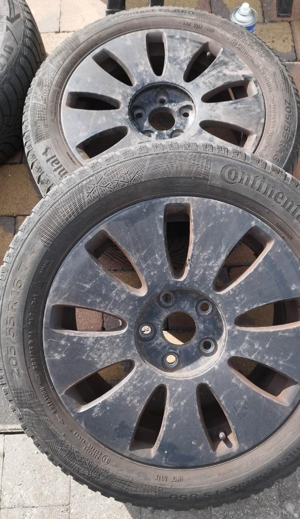 4 winterwielen 205/55 R16 Continental + Goodyear — Aluminium, Auto-onderdelen, Banden en Velgen, Banden en Velgen, Winterbanden