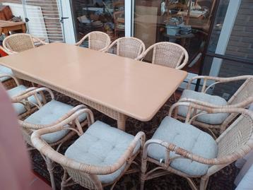 Table de jardin et huit chaises en rotin