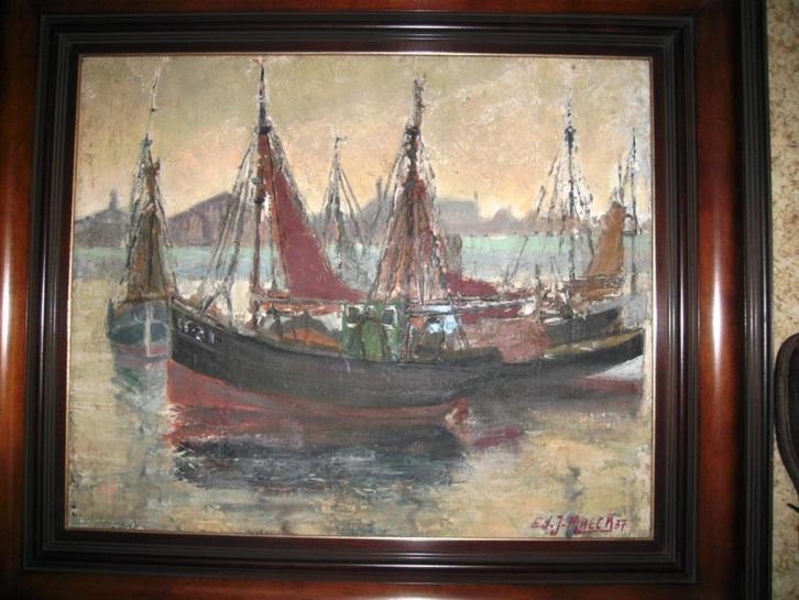 olieverf - vissersboten - Ed.J. Maeck, Huis en Inrichting, Woonaccessoires | Wanddecoraties, Zo goed als nieuw, Ophalen