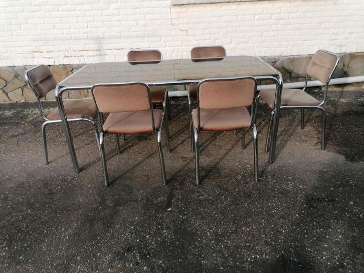 Vintage 70's....design tafel..+zes stoelen, Huis en Inrichting, Tafels | Eettafels, Glas, Ophalen of Verzenden