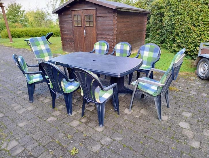 mobilier jardin, Tuin en Terras, Tuinsets en Loungesets, Gebruikt, Loungeset, Overige materialen, 8 zitplaatsen, Eettafel, Stoel