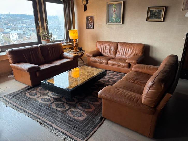 Ensemble de canapés en cuir véritable – 2 + 2 + 2 places, Maison & Meubles, Canapés | Coins salons complets, Comme neuf, Cuir