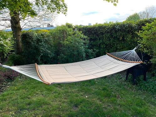 Stokken hangmat dubbel taupe, Tuin en Terras, Hangmatten, Zo goed als nieuw, Ophalen