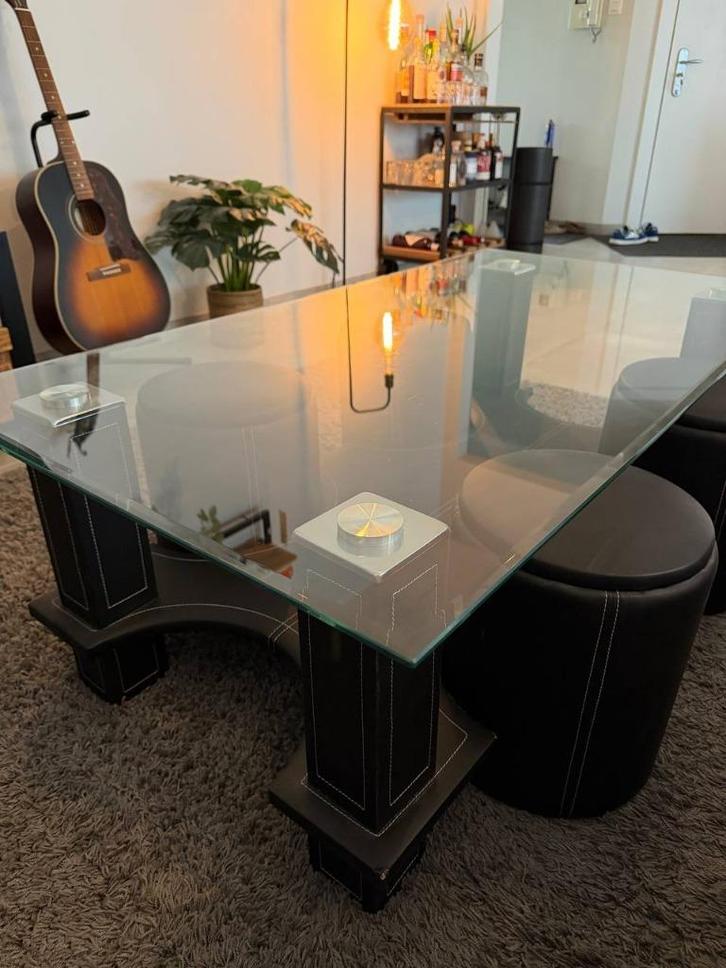 Mooie Salontafel met Glazen Blad & Poefjes, Huis en Inrichting, Tafels | Salontafels, Gebruikt, Ophalen