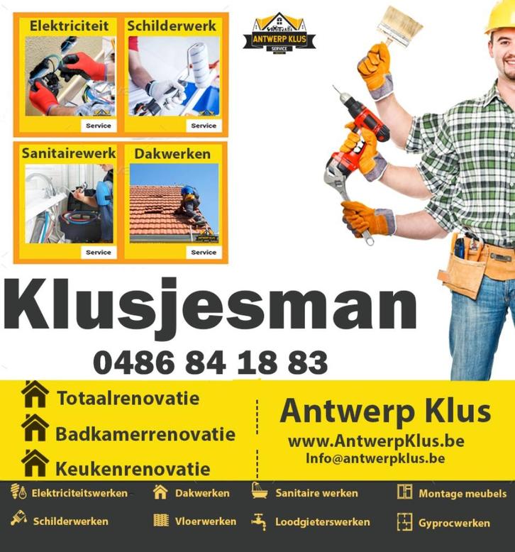 Klusjesdienst - Klusjesman Antwerpen - 0486841883, Diensten en Vakmensen, Klusjesman en Klusbedrijf, 24-uursservice, Garantie