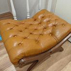 Vintage voetbank in x-vorm met lederen zitting, Antiek en Kunst, Ophalen